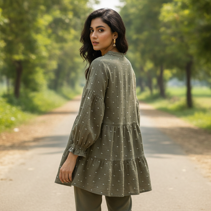 Zara Olive Printed Viscose Peplum Top for Women | Puff Sleeve Blouse