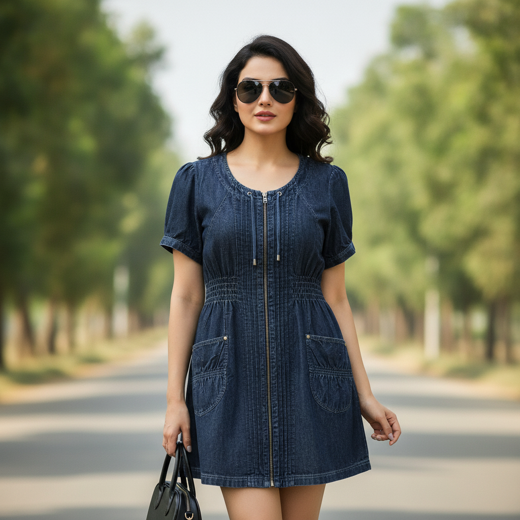 Franca Dark Denim Cotton Dress for Women | Zip Front Casual Dress