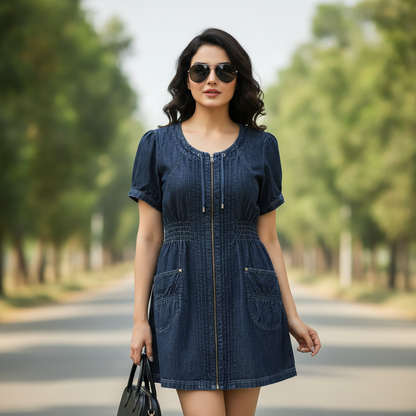 Franca Dark Denim Cotton Dress for Women | Zip Front Casual Dress