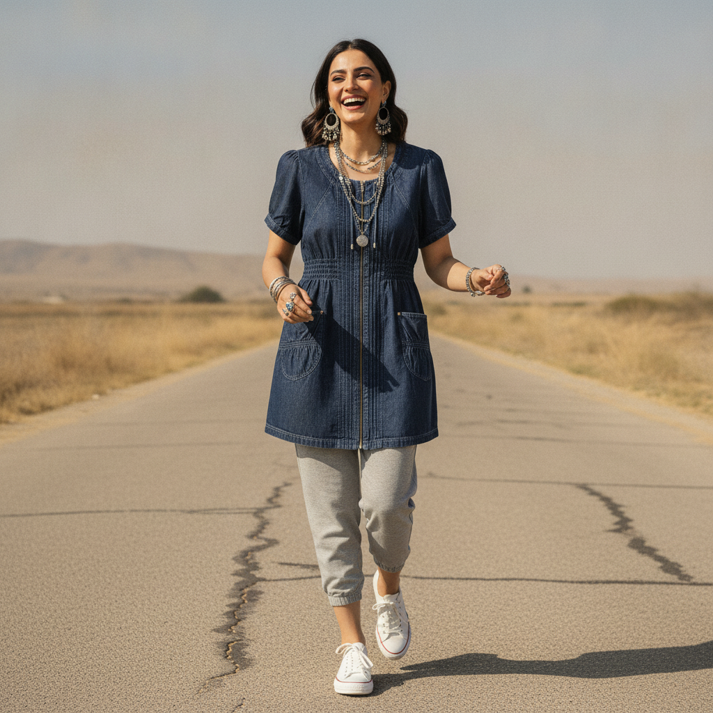Franca Dark Denim Cotton Dress for Women | Zip Front Casual Dress