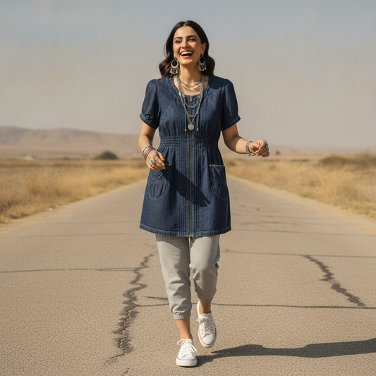 Franca Dark Denim Cotton Dress for Women | Zip Front Casual Dress