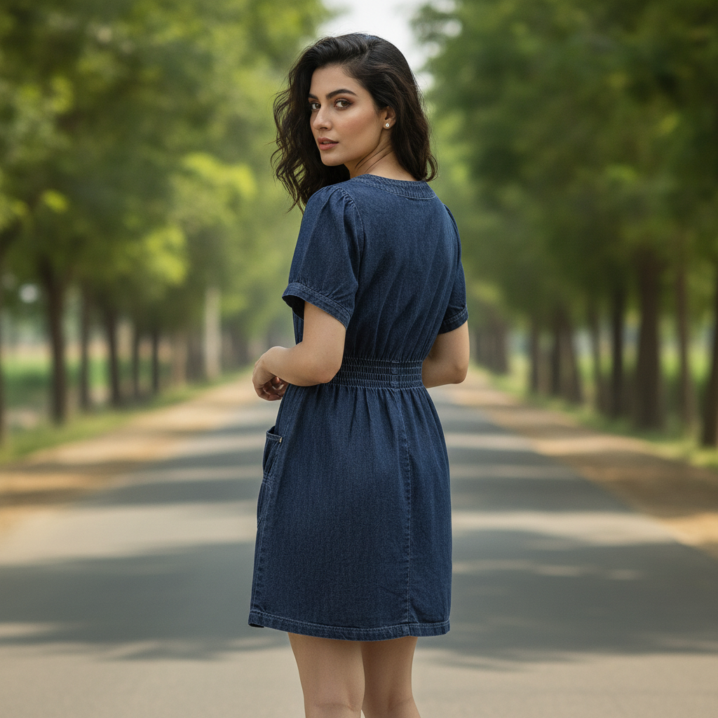 Franca Dark Denim Cotton Dress for Women | Zip Front Casual Dress