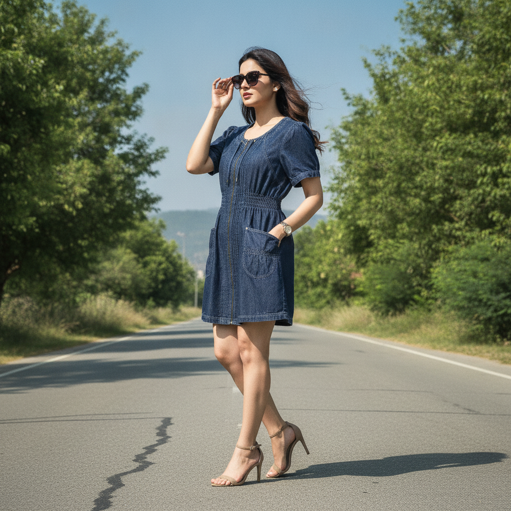 Franca Dark Denim Cotton Dress for Women | Zip Front Casual Dress