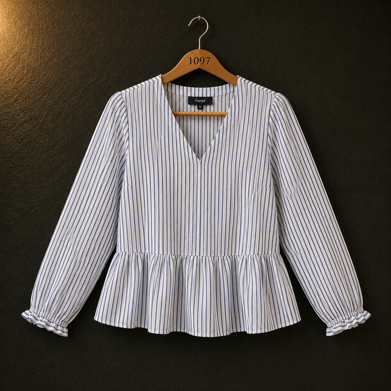 Reserved Blue Striped Cotton Peplum Top for Women | V-Neck Casual Blouse