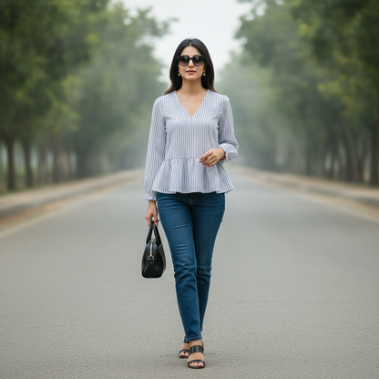 Reserved Blue Striped Cotton Peplum Top for Women | V-Neck Casual Blouse