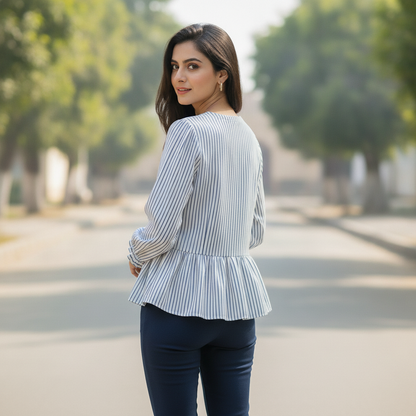 Reserved Blue Striped Cotton Peplum Top for Women | V-Neck Casual Blouse