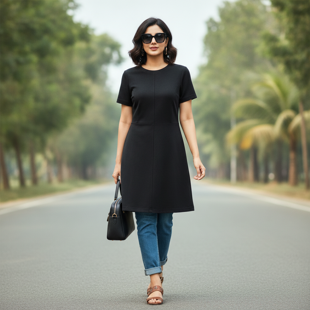 George Black Viscose Dress for Women | Elegant Short Sleeve A-Line Dress