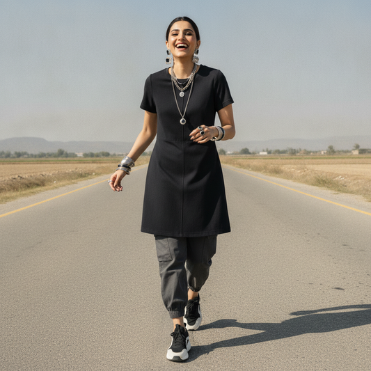 George Black Viscose Dress for Women | Elegant Short Sleeve A-Line Dress