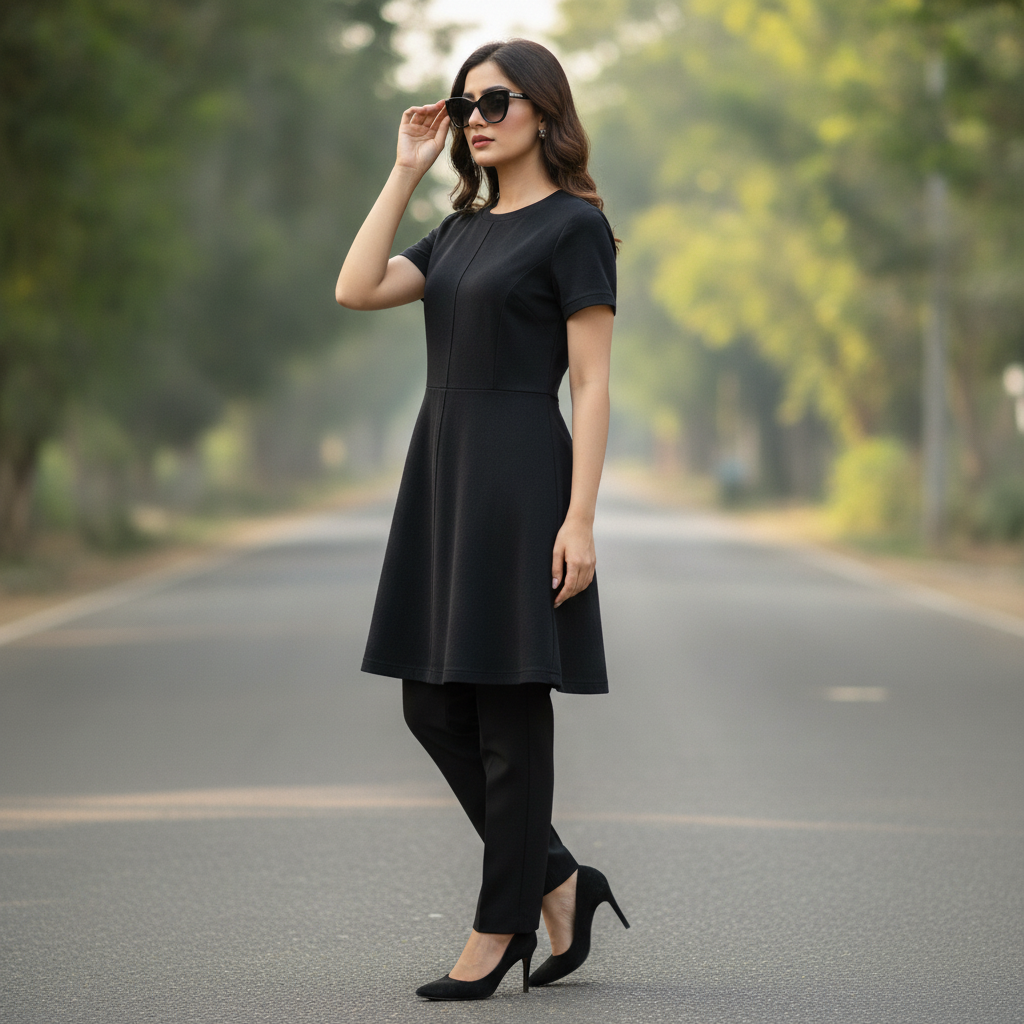 George Black Viscose Dress for Women | Elegant Short Sleeve A-Line Dress