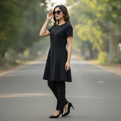 George Black Viscose Dress for Women | Elegant Short Sleeve A-Line Dress