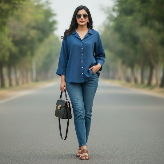 Tom Tailor Navy Cotton Shirt for Women | Relaxed Button-Up Casual Shirt