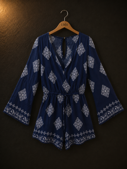 Amisu Navy Printed Cotton Women's Tunic Top