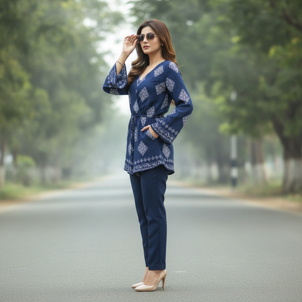 Amisu Navy Printed Cotton Women's Tunic Top