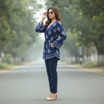 Amisu Navy Printed Cotton Women's Tunic Top