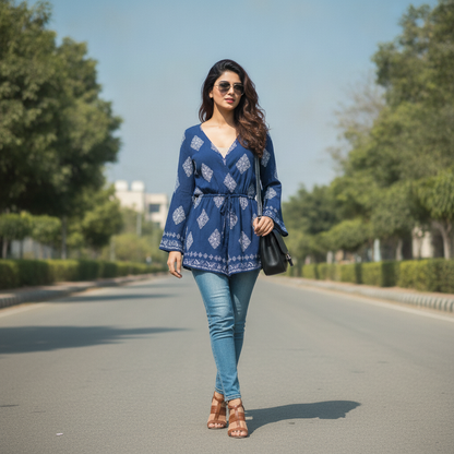 Amisu Navy Printed Cotton Women's Tunic Top