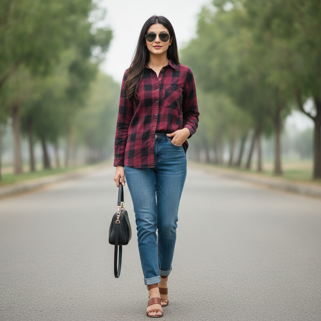 QS Burgundy Checked Cotton Women's Shirt