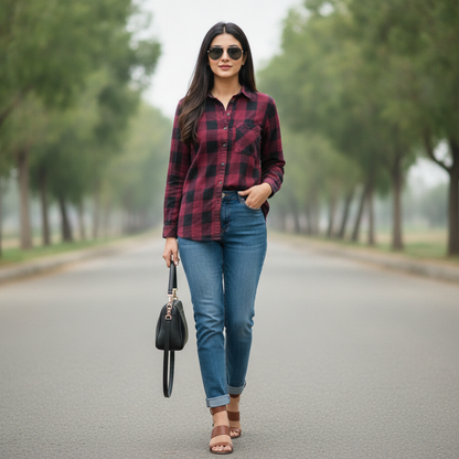 QS Burgundy Checked Cotton Women's Shirt