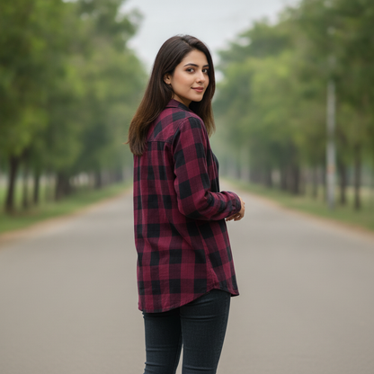 QS Burgundy Checked Cotton Women's Shirt