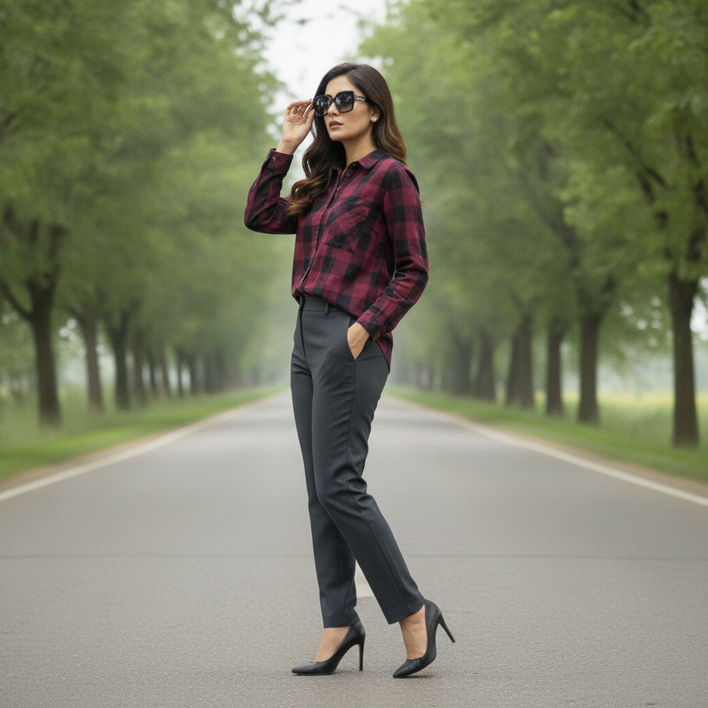 QS Burgundy Checked Cotton Women's Shirt