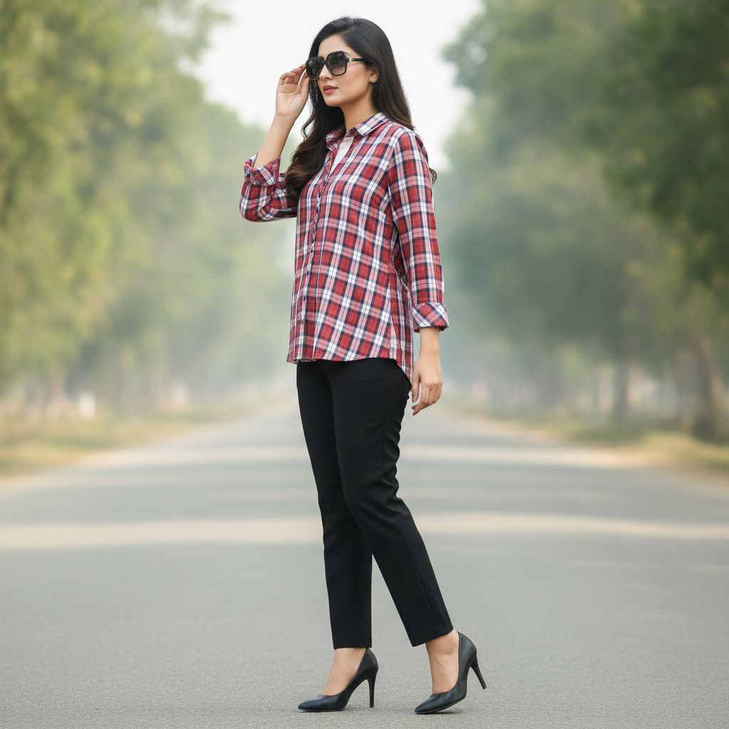 Eterna Red Checked Cotton Women's Shirt