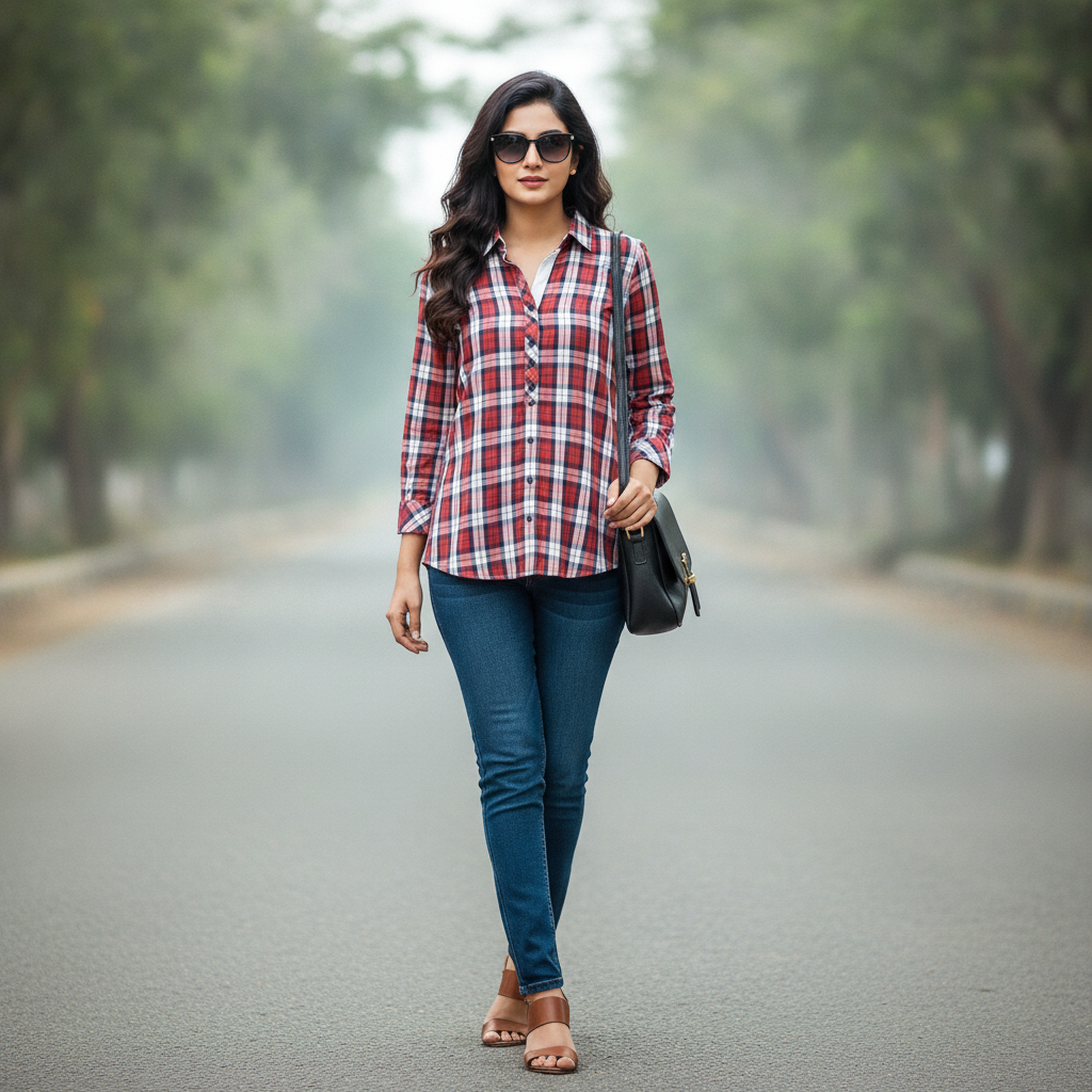 Eterna Red Checked Cotton Women's Shirt