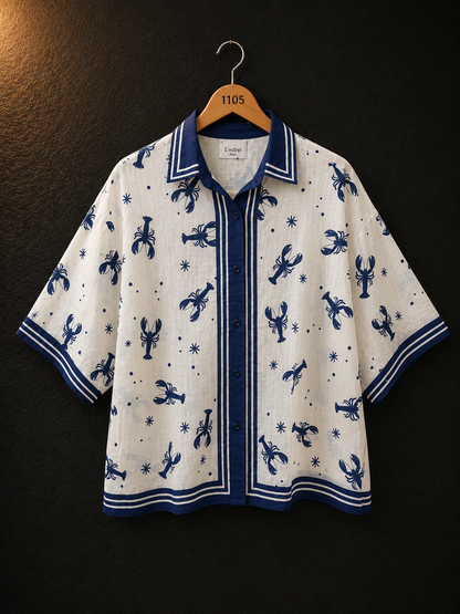 L'Esstial White & Blue Printed Cotton Women's Shirt