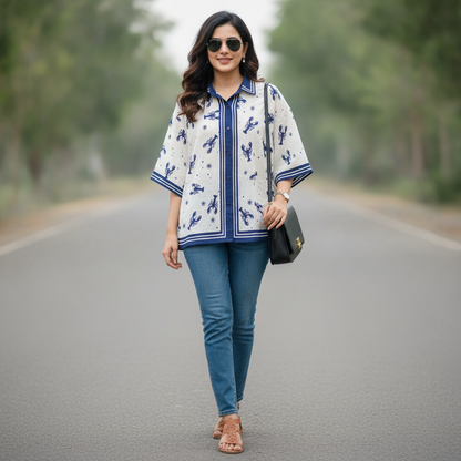 L'Esstial White & Blue Printed Cotton Women's Shirt