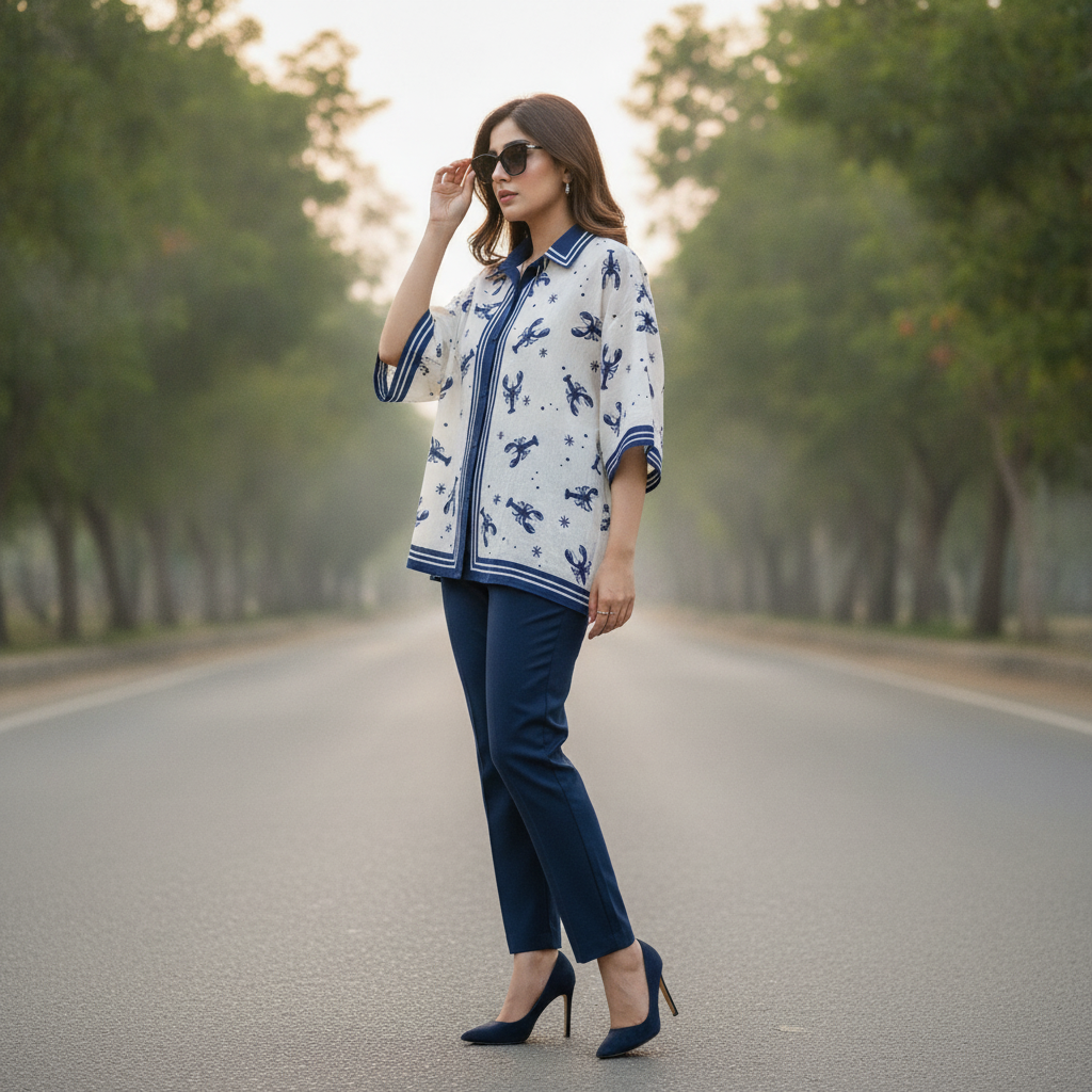 L'Esstial White & Blue Printed Cotton Women's Shirt