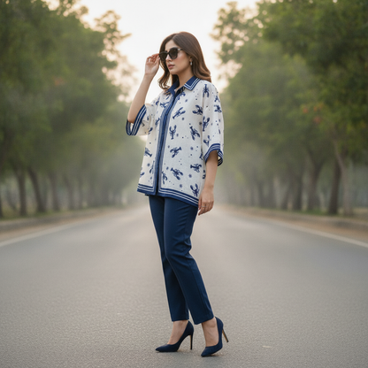 L'Esstial White & Blue Printed Cotton Women's Shirt