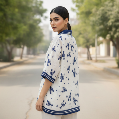 L'Esstial White & Blue Printed Cotton Women's Shirt