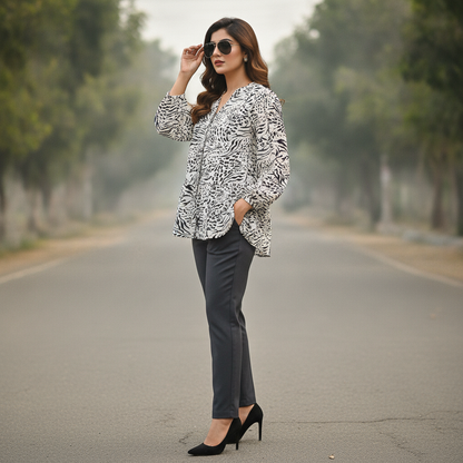 H&M White & Black Animal Print Viscose Women's Peplum Top