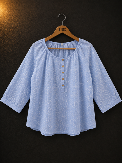 BONNARE Light Blue Embroidered Cotton Women's Top