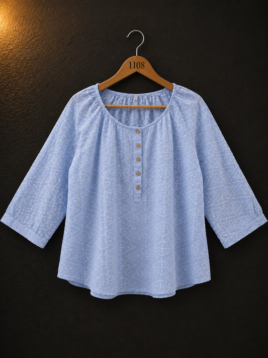 BONNARE Light Blue Embroidered Cotton Women's Top
