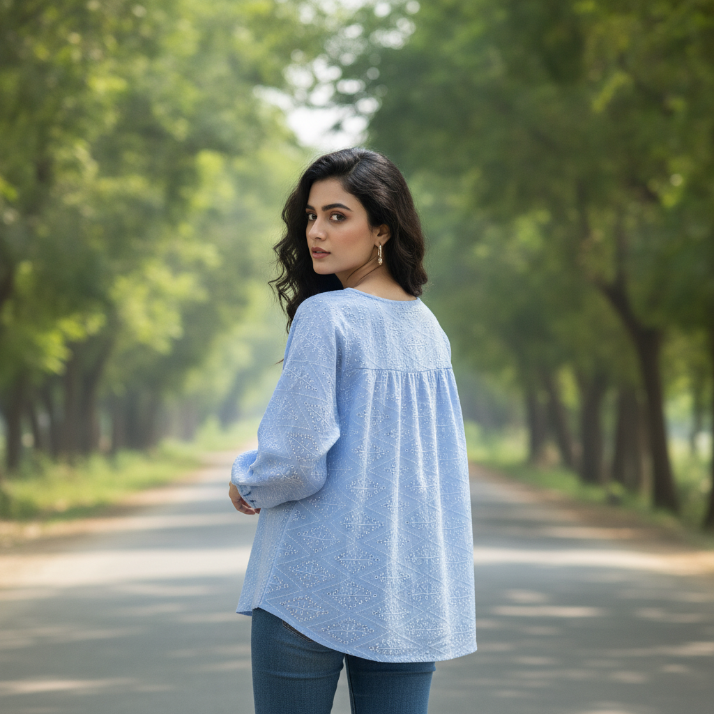 BONNARE Light Blue Embroidered Cotton Women's Top