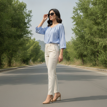BONNARE Light Blue Embroidered Cotton Women's Top
