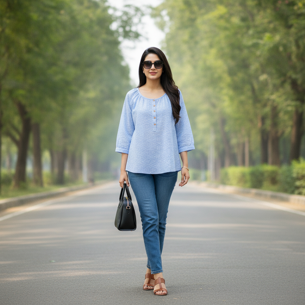BONNARE Light Blue Embroidered Cotton Women's Top