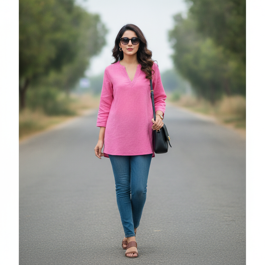 BONNARE Pink Cotton Women's Tunic Top