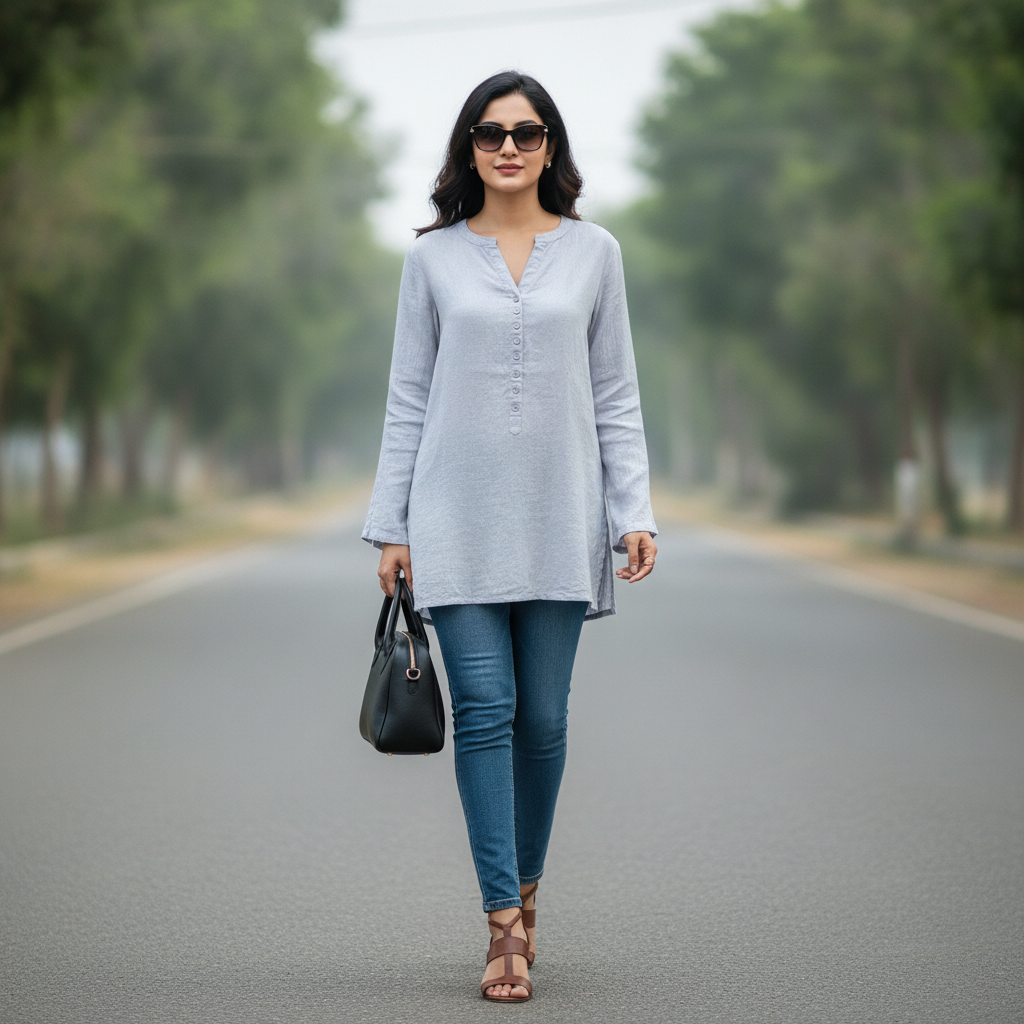 BONNARE Light Grey Cotton Women's Tunic Top