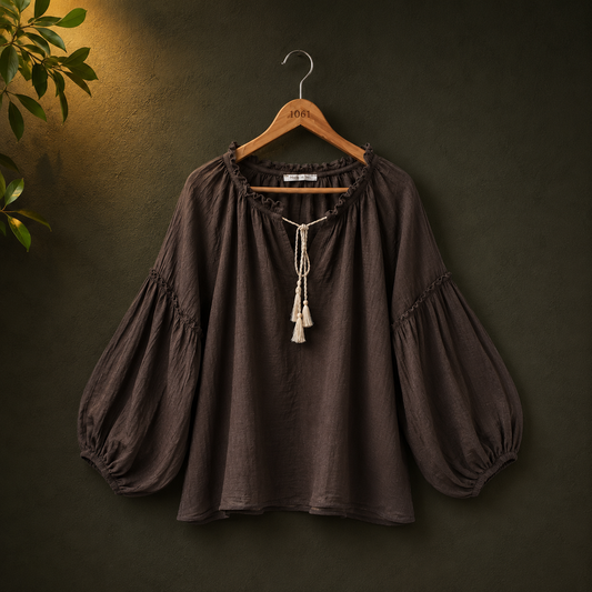 Mii Brown Cotton Women's Peasant Top