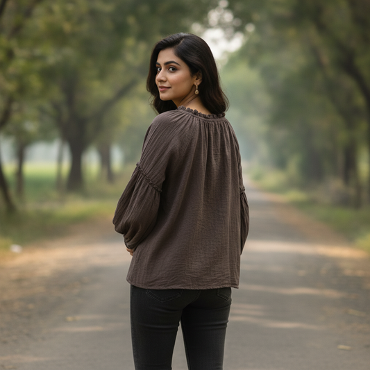 Mii Brown Cotton Women's Peasant Top