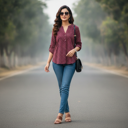 Italian Style Maroon Printed Viscose Women's Top