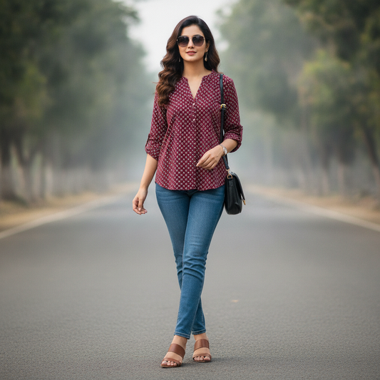 Italian Style Maroon Printed Viscose Women's Top