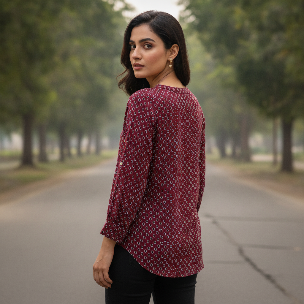 Italian Style Maroon Printed Viscose Women's Top