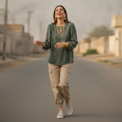 UC Olive Printed Viscose Women's Top  ✅ Product Description