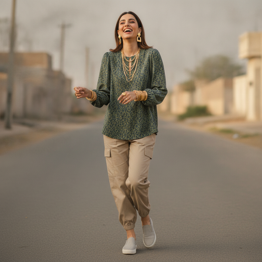 UC Olive Printed Viscose Women's Top  ✅ Product Description