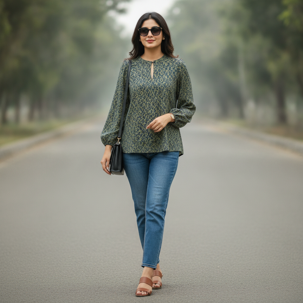 UC Olive Printed Viscose Women's Top  ✅ Product Description