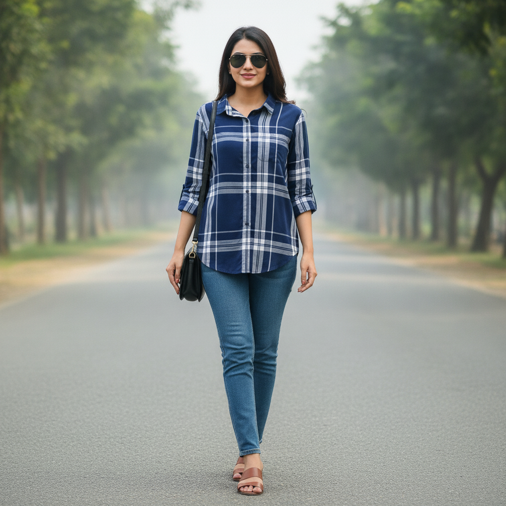 Beloved Navy Checked Viscose Women's Shirt
