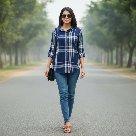 Beloved Navy Checked Viscose Women's Shirt