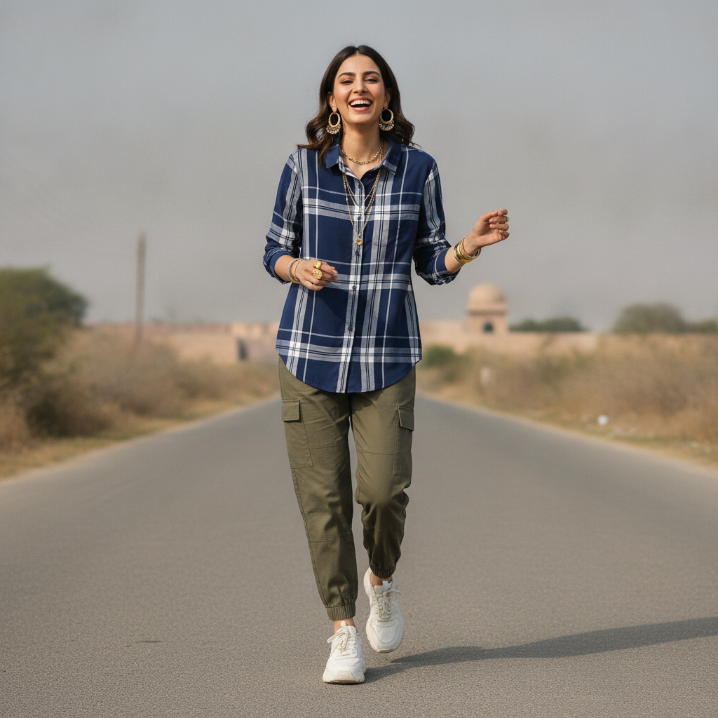 Beloved Navy Checked Viscose Women's Shirt