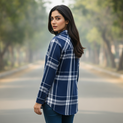 Beloved Navy Checked Viscose Women's Shirt